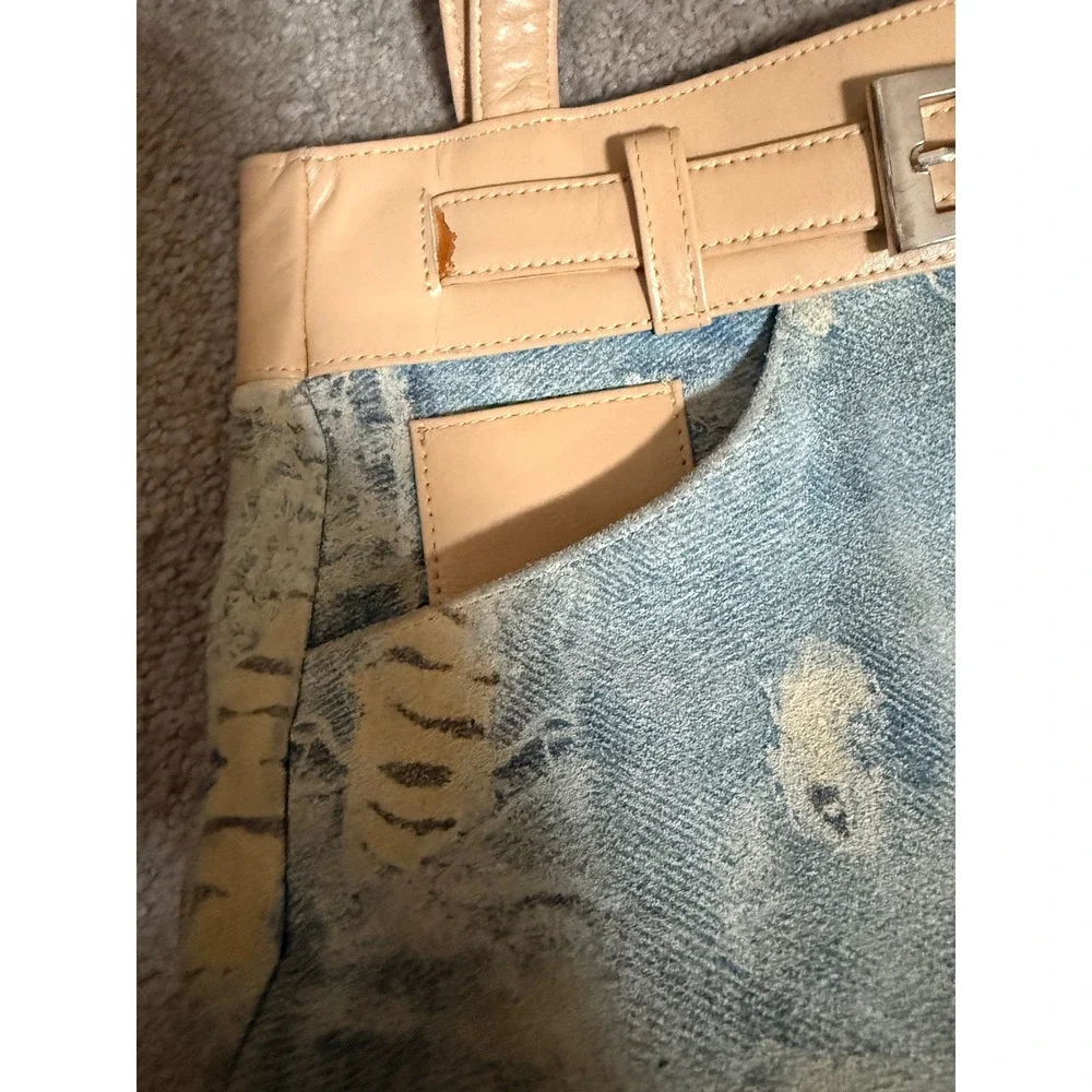 Eleganza Y2K Distressed Denim Tiger Print Shoulder Bag Tan Faux Leather Trim